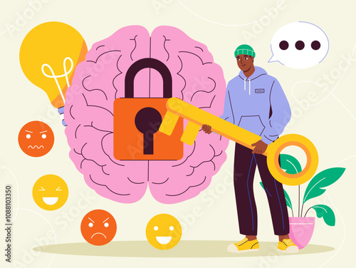 Man open psychic mind. Young guy with golden key opens lock on brain. Mental and psychological health. Awareness and mindfulness. Flat vector illustration
