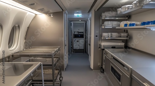 Modern aircraft galley with stainless steel appliances, sink, and storage.