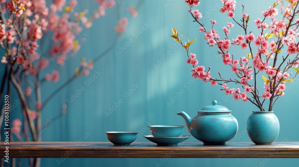 Serene tea set with blossoms against a calming blue backdrop. Serene tea set with blossoms against a calming blue backdrop.
