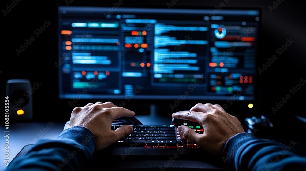 Cybersecurity Specialist at Work: A close-up shot of a programmer's hands diligently typing on a keyboard, their focus illuminated by the glow of a computer screen filled with complex code. Cybersecurity Specialist at Work: A close-up shot of a programmer's hands diligently typing on a keyboard, their focus illuminated by the glow of a computer screen filled with complex code.