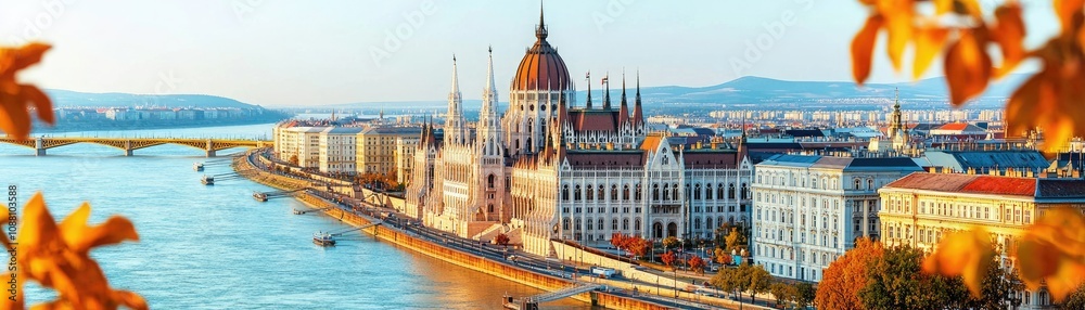 Fototapeta premium A picturesque view of Budapest's Parliament building alongside the Danube River, framed by vibrant autumn foliage.