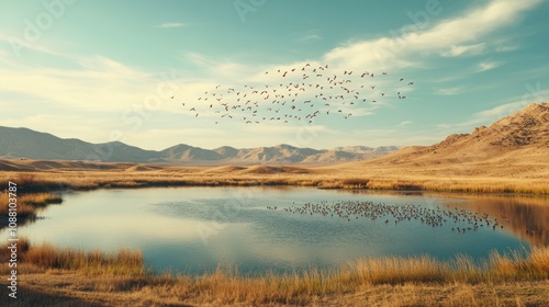 A flock of birds flies over a tranquil lake and desert landscape.