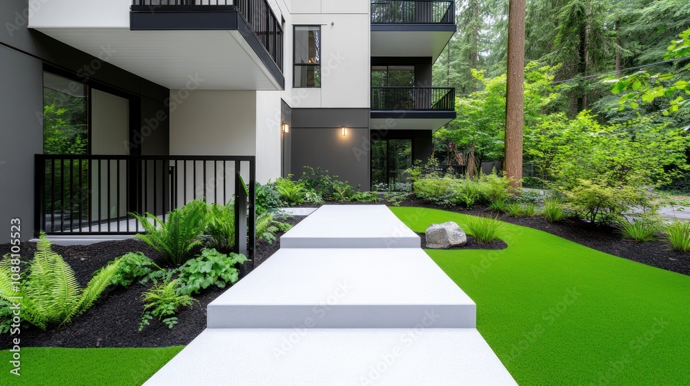 Modern entrance with pathways and lush greenery. Modern entrance with pathways and lush greenery.