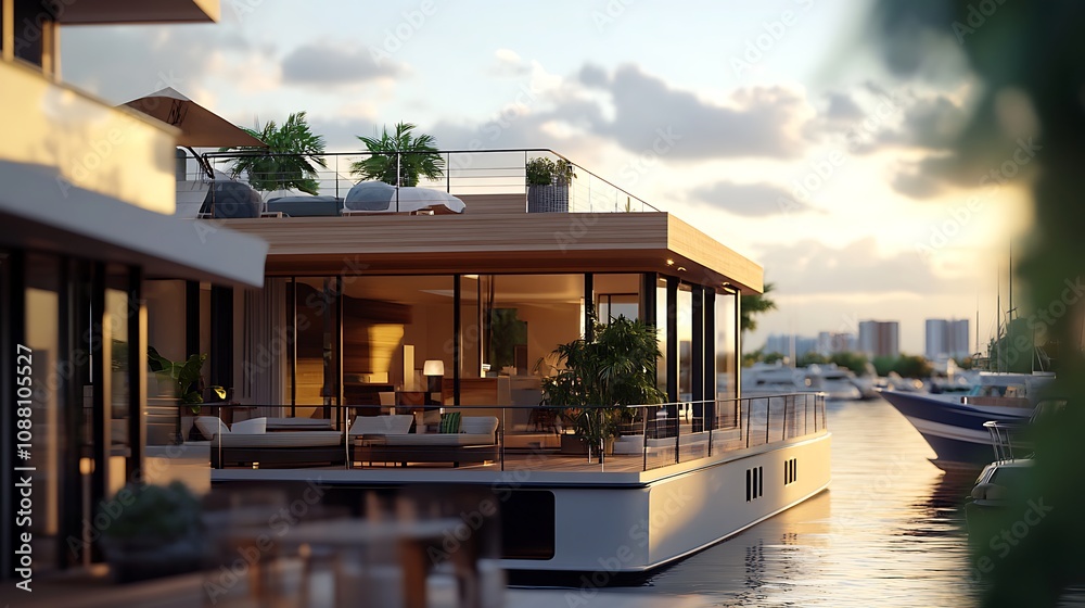 Fototapeta premium Luxurious floating home at sunset on calm waterfront.