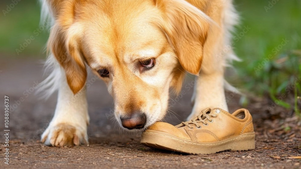 Curious Dog Sniffing a Shoe on the Ground Curious Dog Sniffing a Shoe on the Ground
