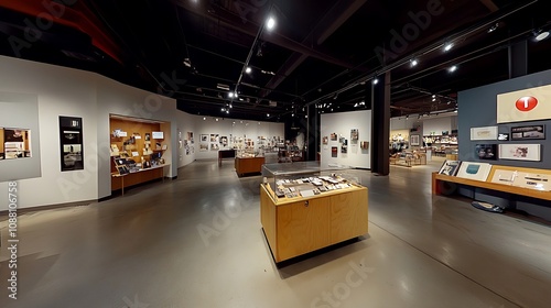 Modern museum exhibit hall showcasing artifacts in display cases and on walls.