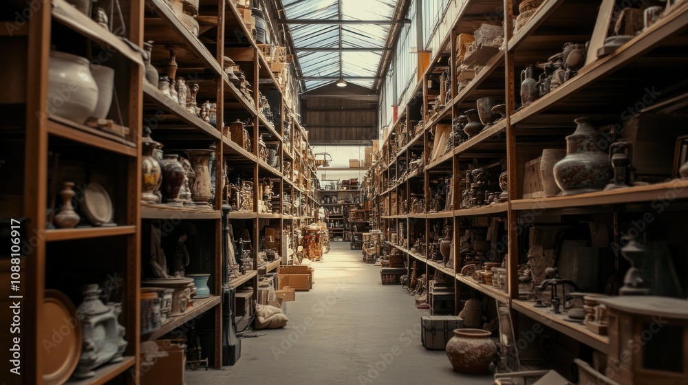 A long aisle in a storage warehouse with shelves full of antiques and vintage items. A long aisle in a storage warehouse with shelves full of antiques and vintage items.