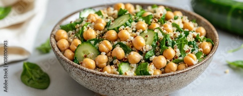 A vibrant salad featuring chickpeas, cucumber, and quinoa, topped with fresh herbs, perfect for a healthy meal or side dish.