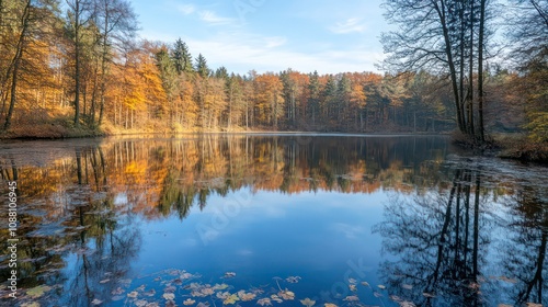 Calm lake reflecting autumn foliage in a forest, with a few fallen leaves floating on the water.