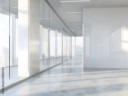 Modern office interior with glass walls and bright natural light.