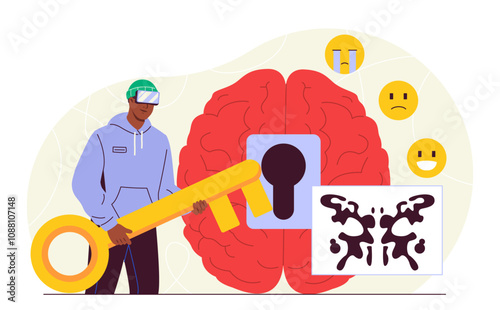 Man with vr psychology. Young guy in virtual reality glasses near brain with lock. Solving psychological and mental problems. Flat vector illustration
