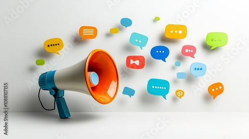 Vibrant megaphone with bold colorful speech bubbles floating in a clean modern space representing impactful marketing and social media messaging for brands campaigns and digital outreach