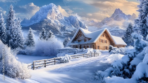 Cold winter scenery with chalet in the mountains