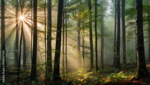 Panorama of Natural Beech Forest with Sunbeams through Morning Fog - generative ai