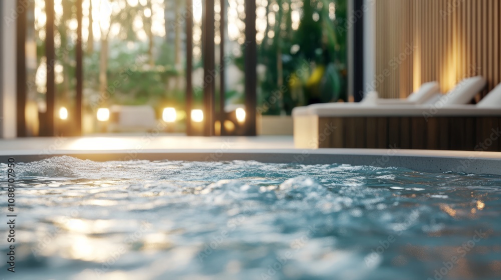 A tranquil spa setting featuring a bubbling hot tub surrounded by natural light, greenery, and modern furnishings, creating a serene relaxation space. A tranquil spa setting featuring a bubbling hot tub surrounded by natural light, greenery, and modern furnishings, creating a serene relaxation space.