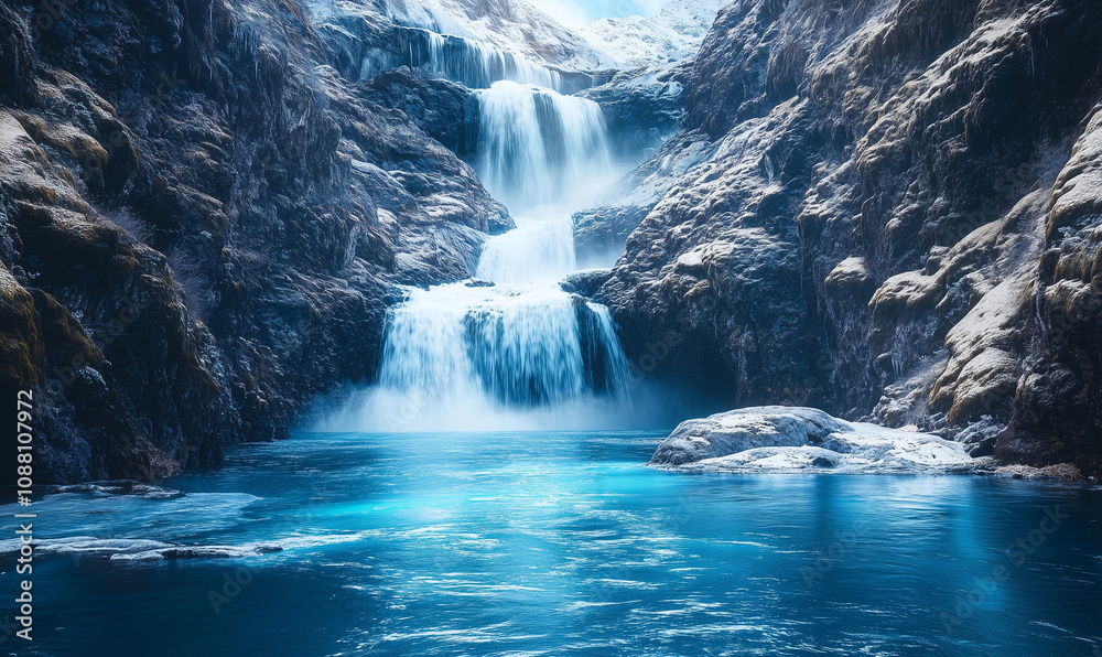 Restful Oasis: Cerulean Falls Slicing Through an Icy Fjord Restful Oasis: Cerulean Falls Slicing Through an Icy Fjord