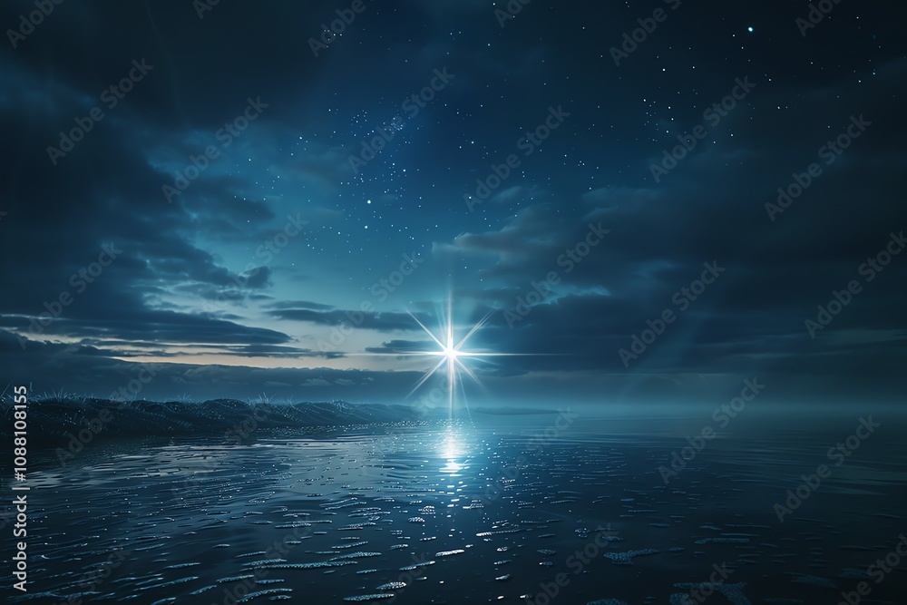 Starlit night sky over a calm ocean with a bright star reflecting on the water.