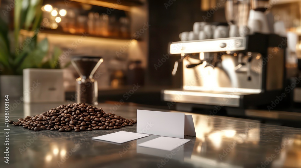Modern Cafe Ambiance Barista's Corner with Espresso Machine Coffee Beans and Blank Business Cards Trendy Coffee Shop Interior Stock Photo Modern Cafe Ambiance Barista's Corner with Espresso Machine Coffee Beans and Blank Business Cards Trendy Coffee Shop Interior Stock Photo