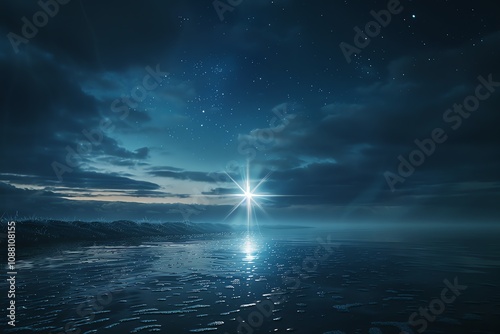 Starlit night sky over a calm ocean with a bright star reflecting on the water.