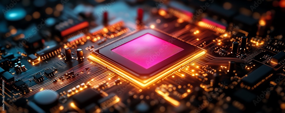Futuristic 3D rendering of a hightech computer motherboard, glowing with vibrant circuits, representing digital communication and advanced technology Futuristic 3D rendering of a hightech computer motherboard, glowing with vibrant circuits, representing digital communication and advanced technology