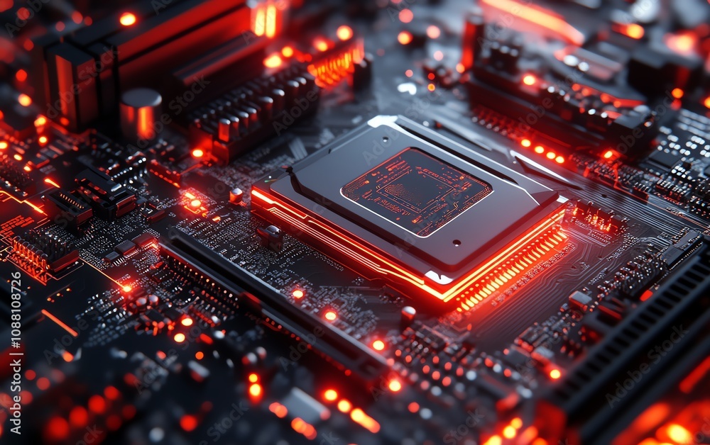 Highdetail 3D rendering of a futuristic computer motherboard, featuring sleek metallic circuits and holographic effects, symbolizing advanced digital communication Highdetail 3D rendering of a futuristic computer motherboard, featuring sleek metallic circuits and holographic effects, symbolizing advanced digital communication