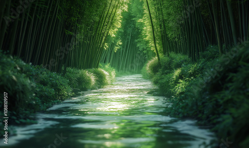 Silent Sanctuary: Lime Cascade Slicing Through a Bamboo Forest