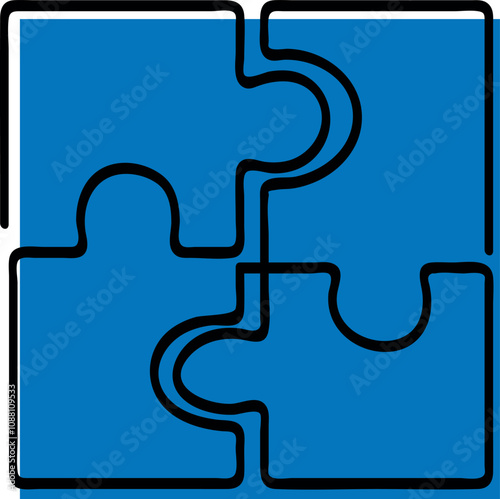 Continuous Line Drawing of Four Puzzle Pieces on Blue Background