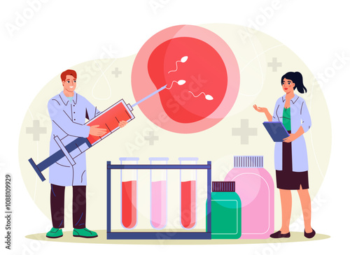Doctors with reproductive health. Man and woman in medical uniform inseminate egg with syringe. Anatomy and biology. Female reproductive system. Healthcare and medicine. Flat vector illustration