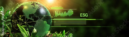 A digital globe surrounded by greenery, highlighting the concept of ESG (Environmental, Social and Governance) with data visualization elements.