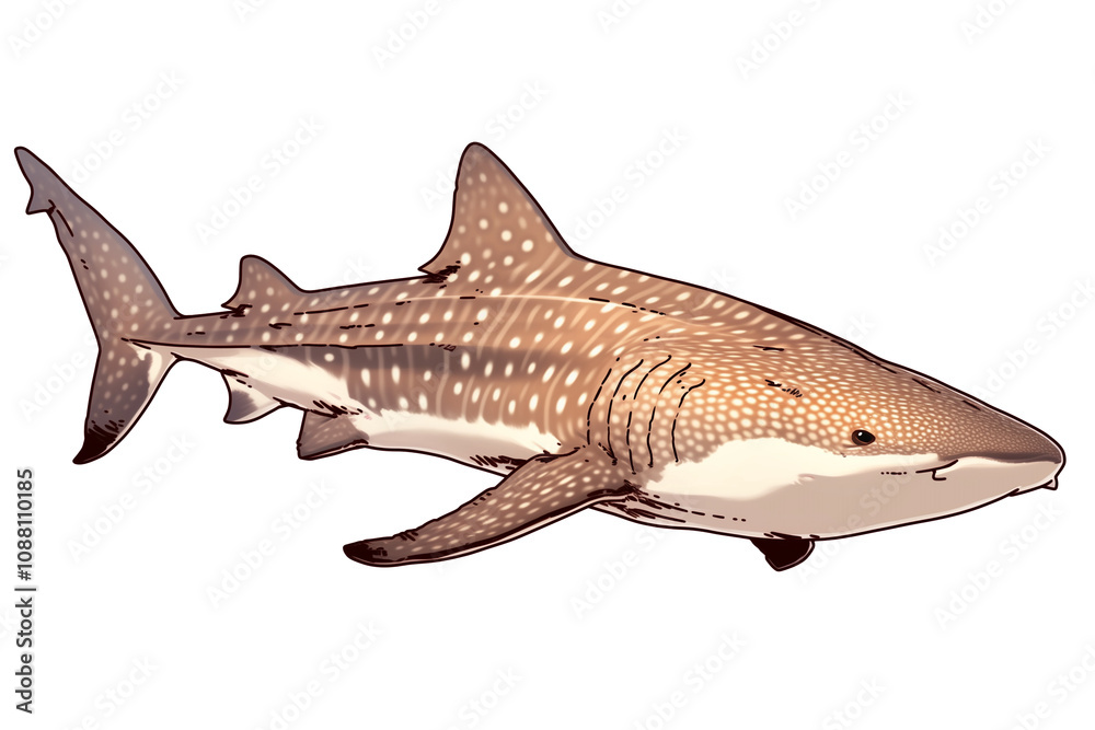 Fototapeta premium Whale shark illustration on white background, showcasing its distinct spotted pattern and gentle expression. image highlights unique features of this majestic marine creature
