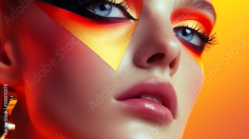 Close-up of a woman's face with vibrant, geometric makeup.