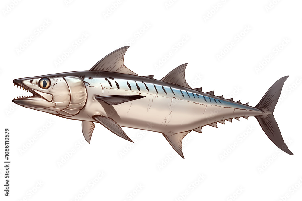 Naklejka premium sleek barracuda with sharp teeth and streamlined body is isolated on white background, showcasing its predatory nature and distinctive features