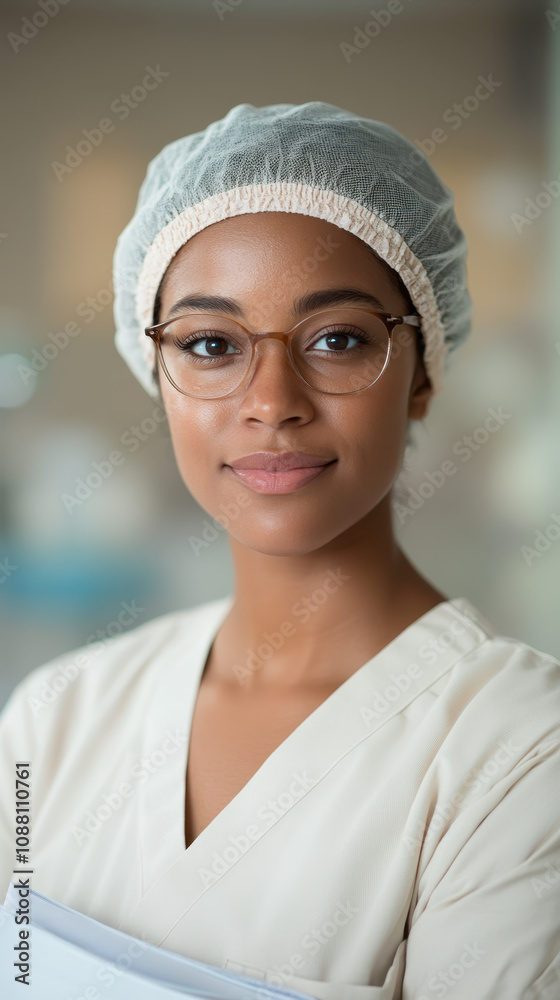 confident healthcare professional wearing surgical cap and glasses, showcasing dedication and care in clinical environment confident healthcare professional wearing surgical cap and glasses, showcasing dedication and care in clinical environment