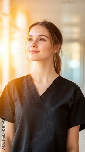 Young woman in black scrubs looking hopeful in bright corridor, radiating positivity and professionalism. Her expression reflects confidence and dedication to her work