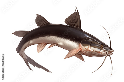 Bullhead catfish isolated on white background, showcasing its distinctive whiskers and sleek body. fish unique features are highlighted in this detailed illustration photo