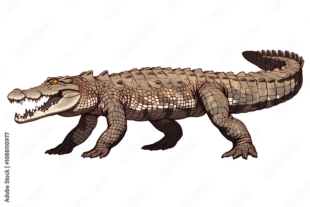 Naklejka premium Cuban crocodile isolated on white background, showcasing its distinctive scales and powerful stance. reptile textured skin and sharp teeth are clearly visible, highlighting its predatory nature