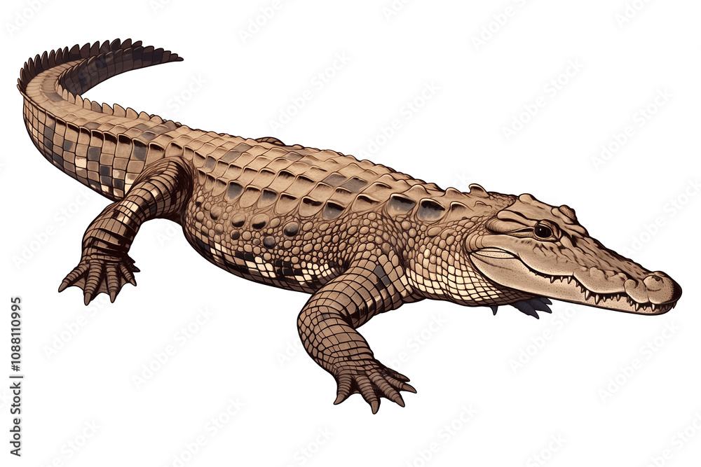 Cuban crocodile with detailed scales and powerful tail is isolated on white background, showcasing its unique features and robust build Cuban crocodile with detailed scales and powerful tail is isolated on white background, showcasing its unique features and robust build