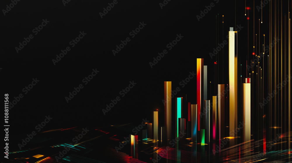 Abstract black background with 3D Colorful charts and graphs with statistics to innovative analyze business potential and forecast future development of companies growth. Abstract black background with 3D Colorful charts and graphs with statistics to innovative analyze business potential and forecast future development of companies growth.
