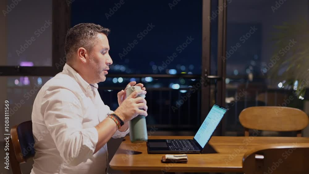 Hombre trabajando en mesa de comedor al lado del balcón en la noche