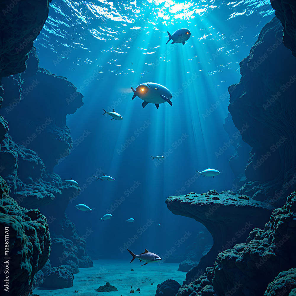 Fototapeta premium Exploring the enchanting underwater world illuminated by sunlight filtering through ocean waves, digital art of underwater scene concept.