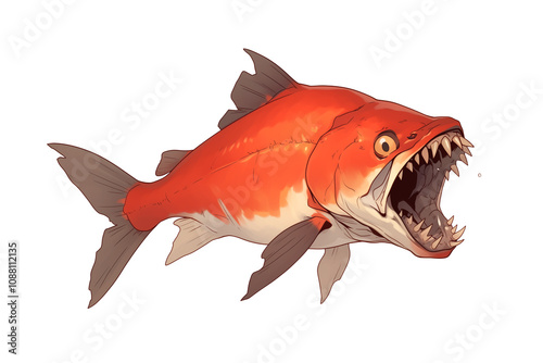 fierce piranha with sharp teeth is isolated on white background, showcasing its vibrant orange and silver scales. fish aggressive expression highlights its predatory nature