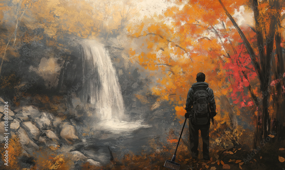 Fototapeta premium Hiker Watching Leaves Fall, Rake in Hand