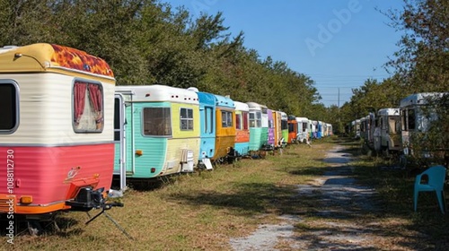 Colorful vintage trailers parked in a row, outdoors on a sunny day.
