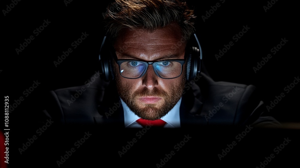 Night Shift Focus: A serious businessman intensely focused on his laptop screen, illuminated in the darkness, wearing glasses and headphones. The image conveys concentration, late nights. Night Shift Focus: A serious businessman intensely focused on his laptop screen, illuminated in the darkness, wearing glasses and headphones. The image conveys concentration, late nights.