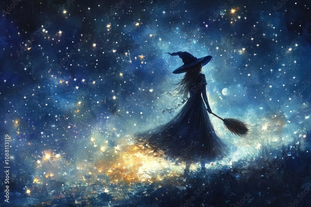 A silhouetted witch with a broom stands in a field under a starry sky. A silhouetted witch with a broom stands in a field under a starry sky.