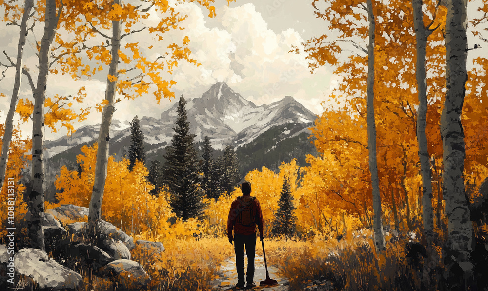 Fototapeta premium Hiker Pausing to Watch Leaves Fall, Rake in Hand