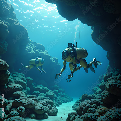 Wallpaper Mural Exploring the depths  underwater drones navigate coral reefs in vibrant ocean scene, 3d rendering of underwater exploration concept. Torontodigital.ca
