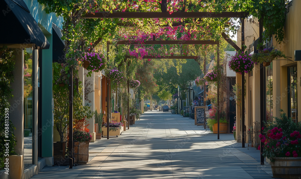 Flower-Laden Downtown Promenade with Shaded Storefronts and Vines on Trellises Flower-Laden Downtown Promenade with Shaded Storefronts and Vines on Trellises