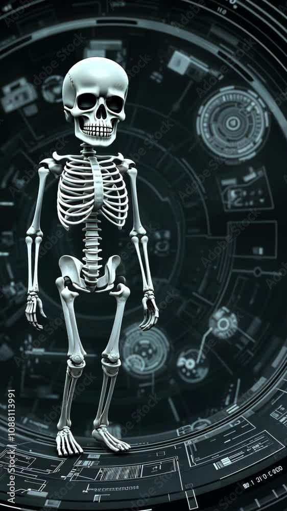 A detailed, digitally rendered human skeleton stands centrally in a dark, high-tech setting A detailed, digitally rendered human skeleton stands centrally in a dark, high-tech setting