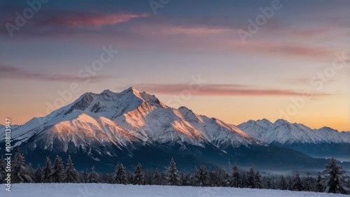 Dawn over the snow capped mountains. Snowy mountain peak at dawn. Sunrise in mountains. Mountain sunrise landscape - generative ai photo